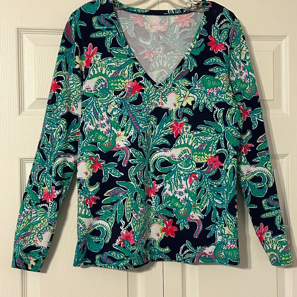 LILLY PULITZER Sz M Vibrant Floral Pattern V-Neck w/ Long Sleeves JODIE Top
